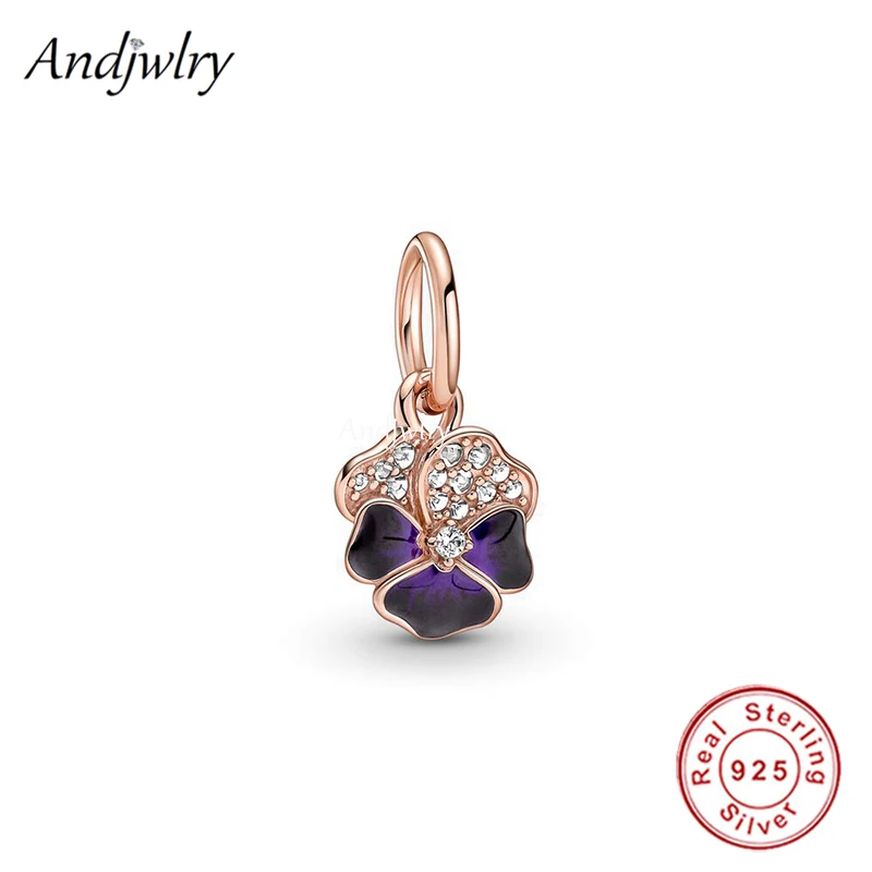 

Fit Bracelet Charms Silver 925 Original Purple Enamel 5 Petals Flower Bead Bracelet&Bangle Jewelry Berloque