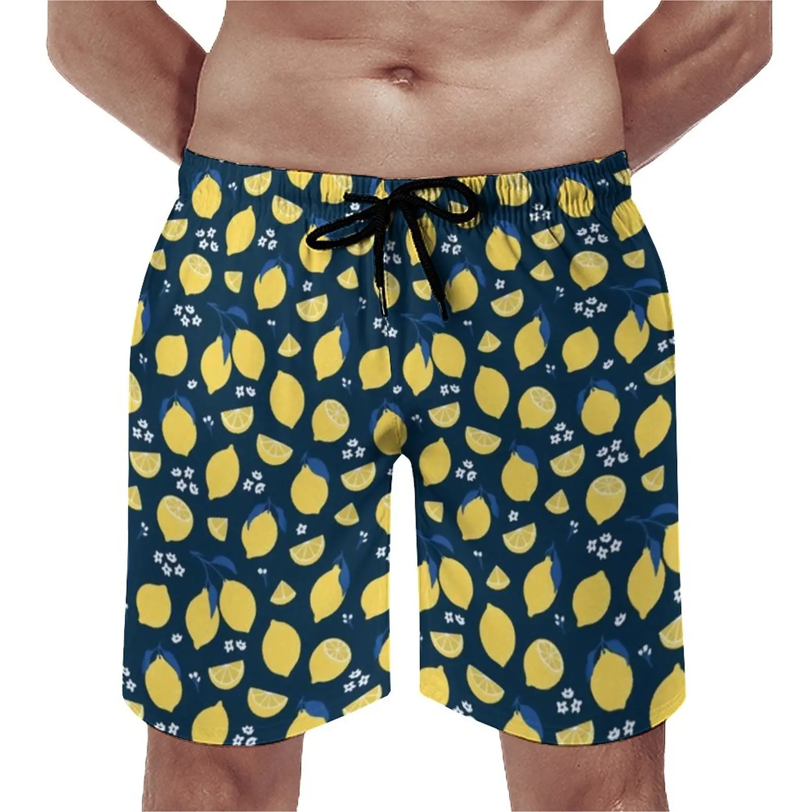 Шорты пляжные мужские с принтом фруктов удобные короткие штаны лимонным узором