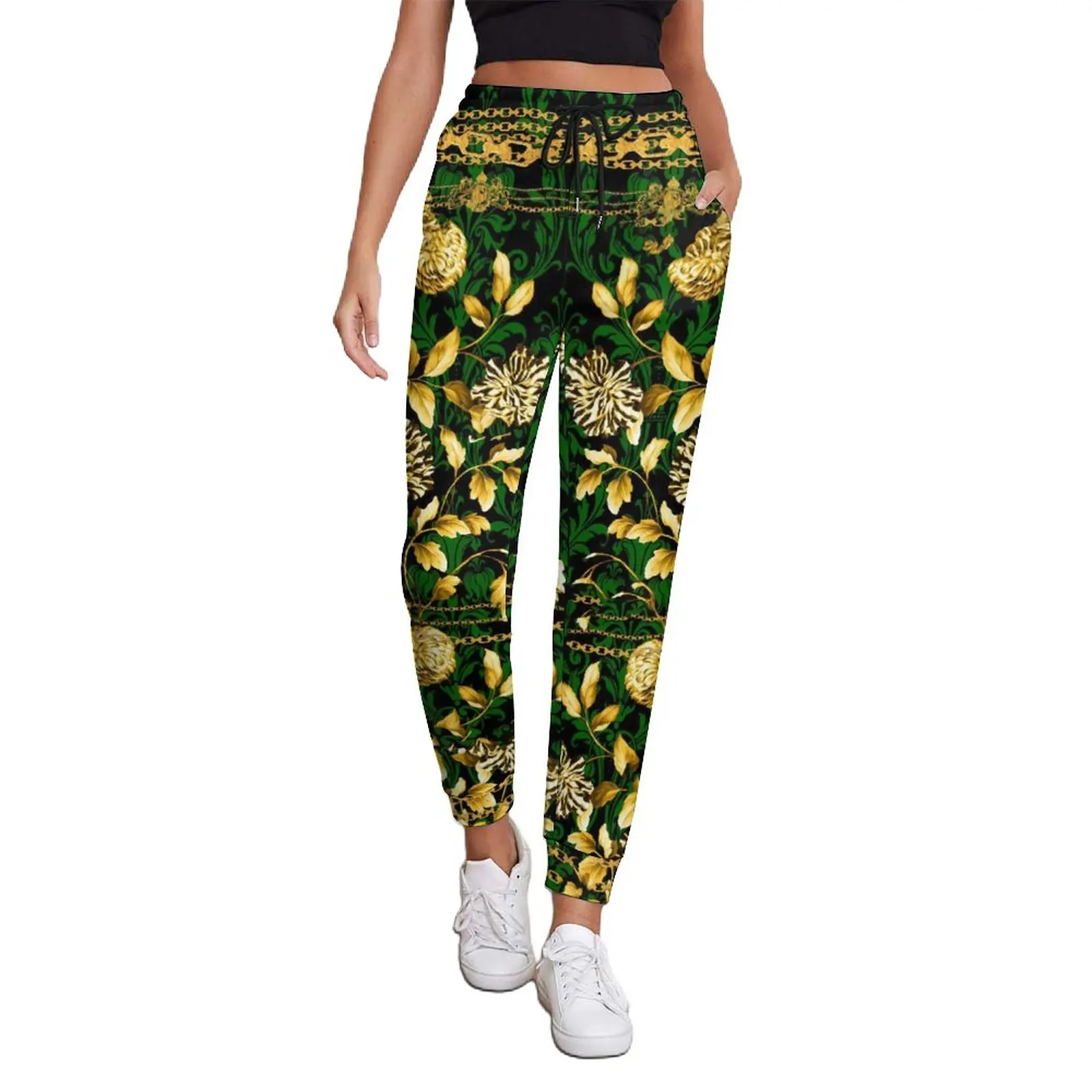 

Gold Green Damask Jogger Pants Female Chain Floral Hip Hop Sweatpants Autumn Casual Design Trousers Big Size 3XL