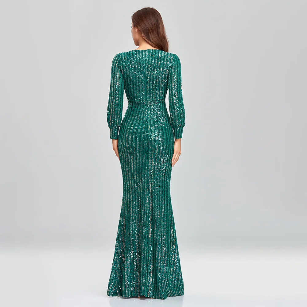 fashion elegant Long sleeve women's dress Mermaid V-neck luxury evening dress Sequin Beaded Wedding Guest Party Cocktail Dresses