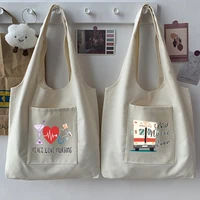 fashion woman bag sweet style shopping bag tote bag casual commuter bag cute little nurse pattern print collection beige canvas