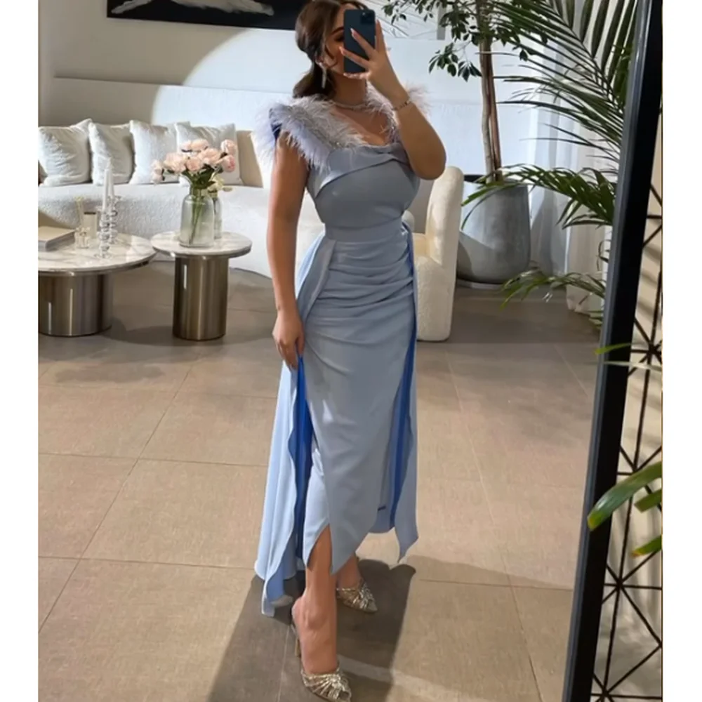 

ROSELLA Elegant Light Sky Blue Square Collar Sleeveless Zipper Up Straigth Floor Length Women Evening Dress Prom Gown New 2023
