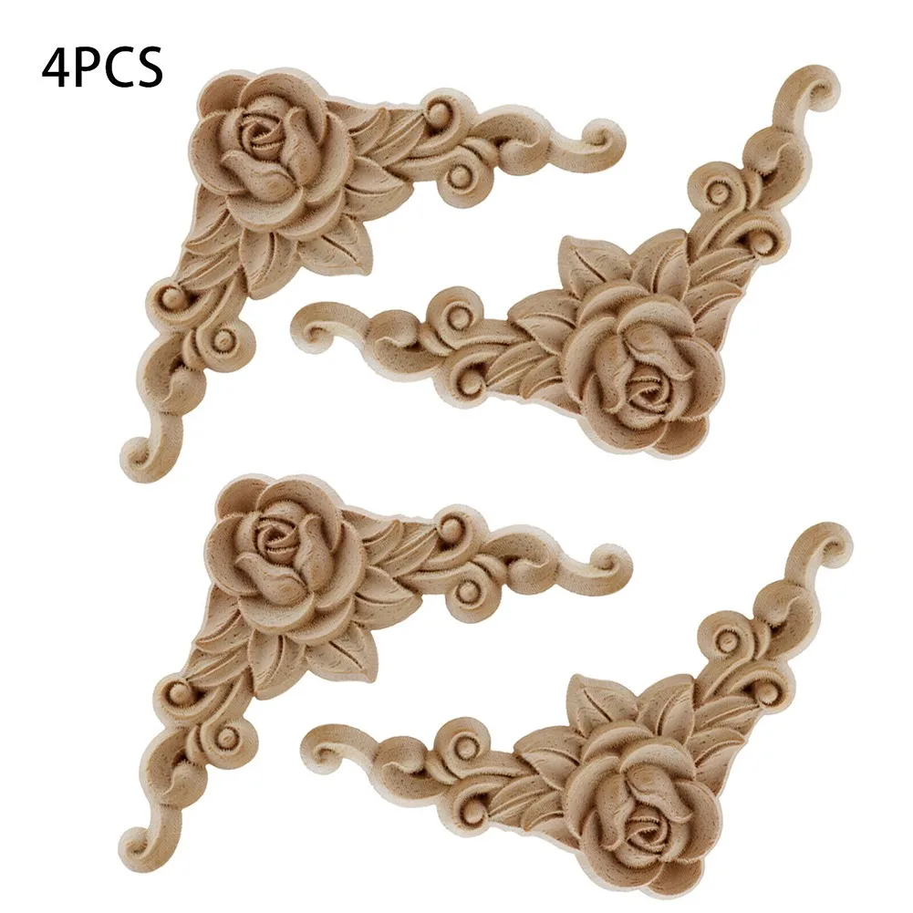 

4pcs Wooden Carved Corner Applique Unpainted Frame For Cabinet Decor Wood Mirror Decorative Decal For Furniture Onlay Moulding