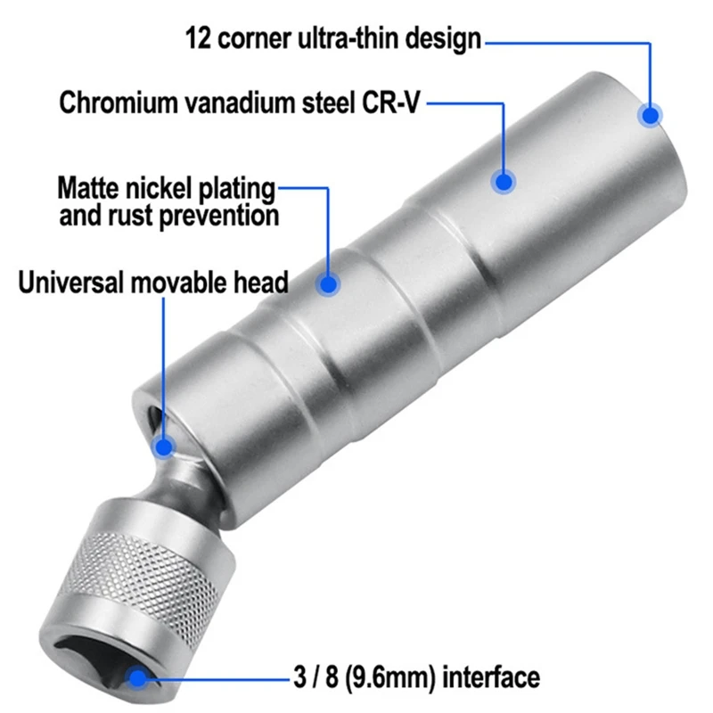 

Magnetic Thin Walled Spark Plug Socket Universal Joint 12 Point 3/8-Inch Drive Swivel Socket Removal Tool 14mm Cr-V