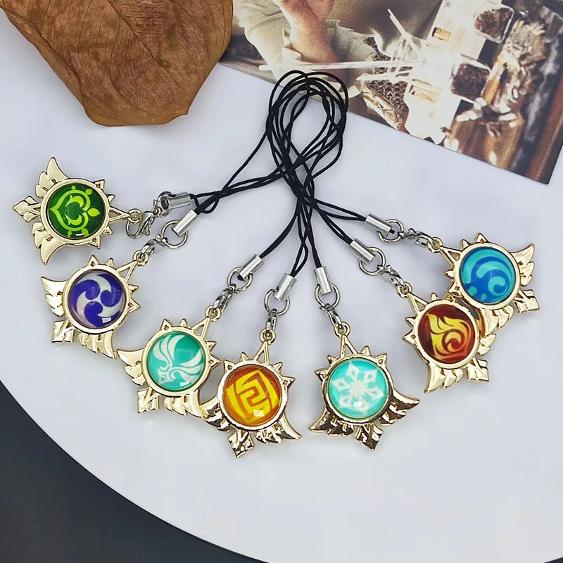 

Game Anime Genshin Impact Keychain Wind Fire Ray Water Rock Ice Grass Weapons Mini Eye of God Luminous Key Chain Phone Pendant