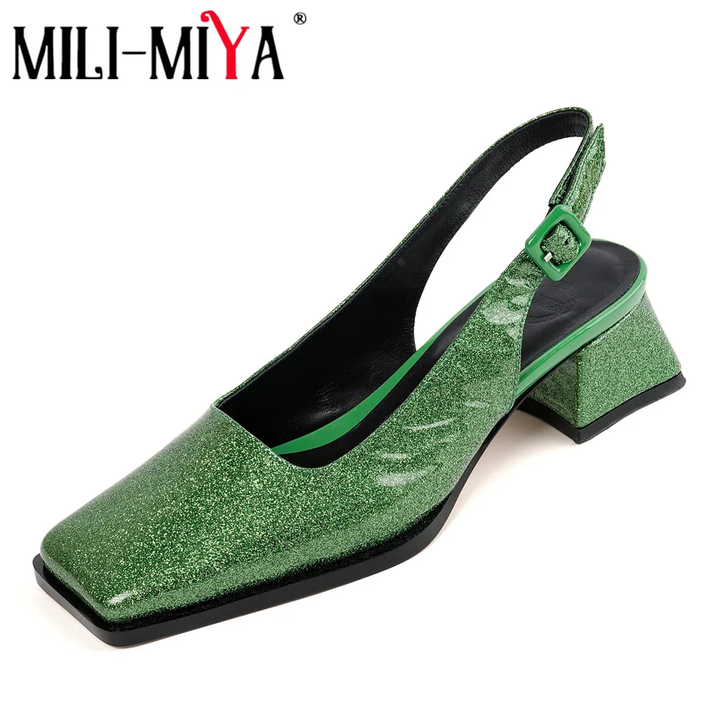 

MILI-MIYA Fashion Metallic Colours Women Cow Leather Slingback Pumps Square Toe Slip On Thick Heels Solid Color Dress Party Shoe