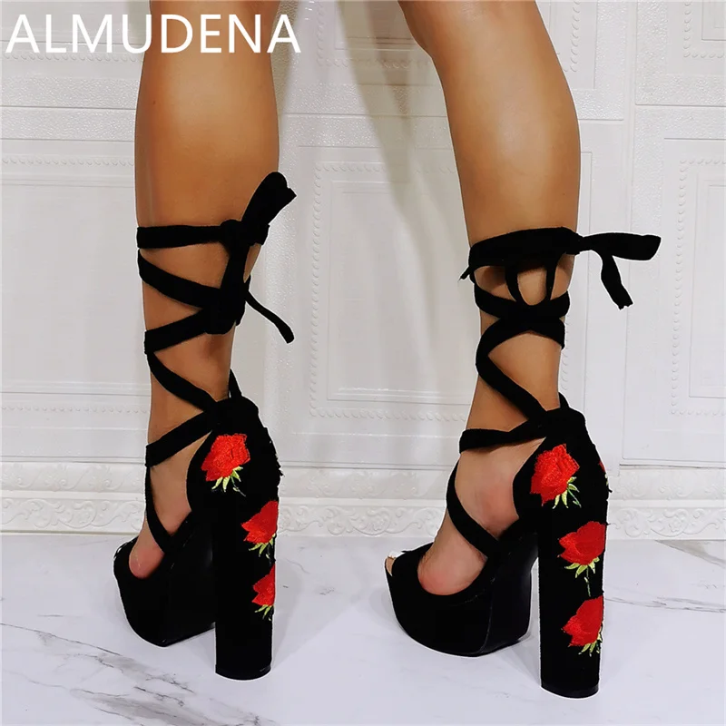 

Square Heel Platform Cross Tied Rose Flower Print Women Sandals Mature Suede Super High Thick Heel Lace Up Dress Solid Shoes
