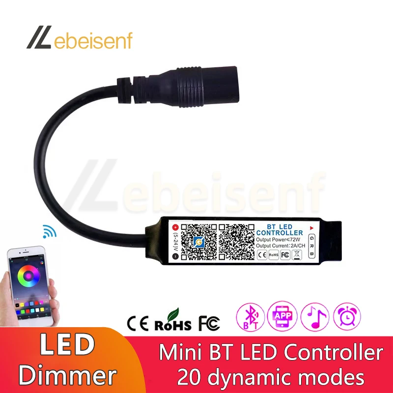 Mini DC5-24V Bluetooth Music Colorful Dimmer Controller APP Control Microphone Timing Function for LED RGB Strips TV Backlight