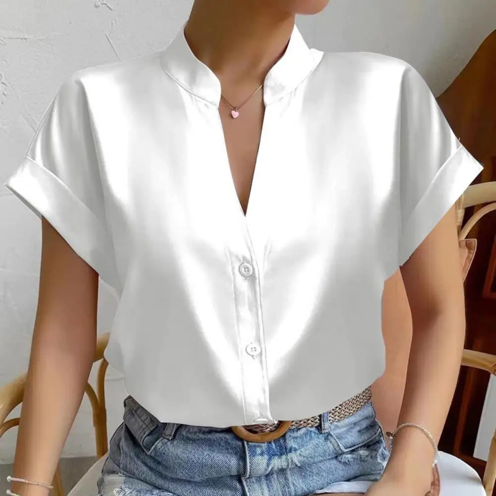 

Soft Women Shirt Silky Smooth Women's V-neck Blouse Elegant Stand Collar Short Sleeve for Formal Business Ol Commute Style Solid