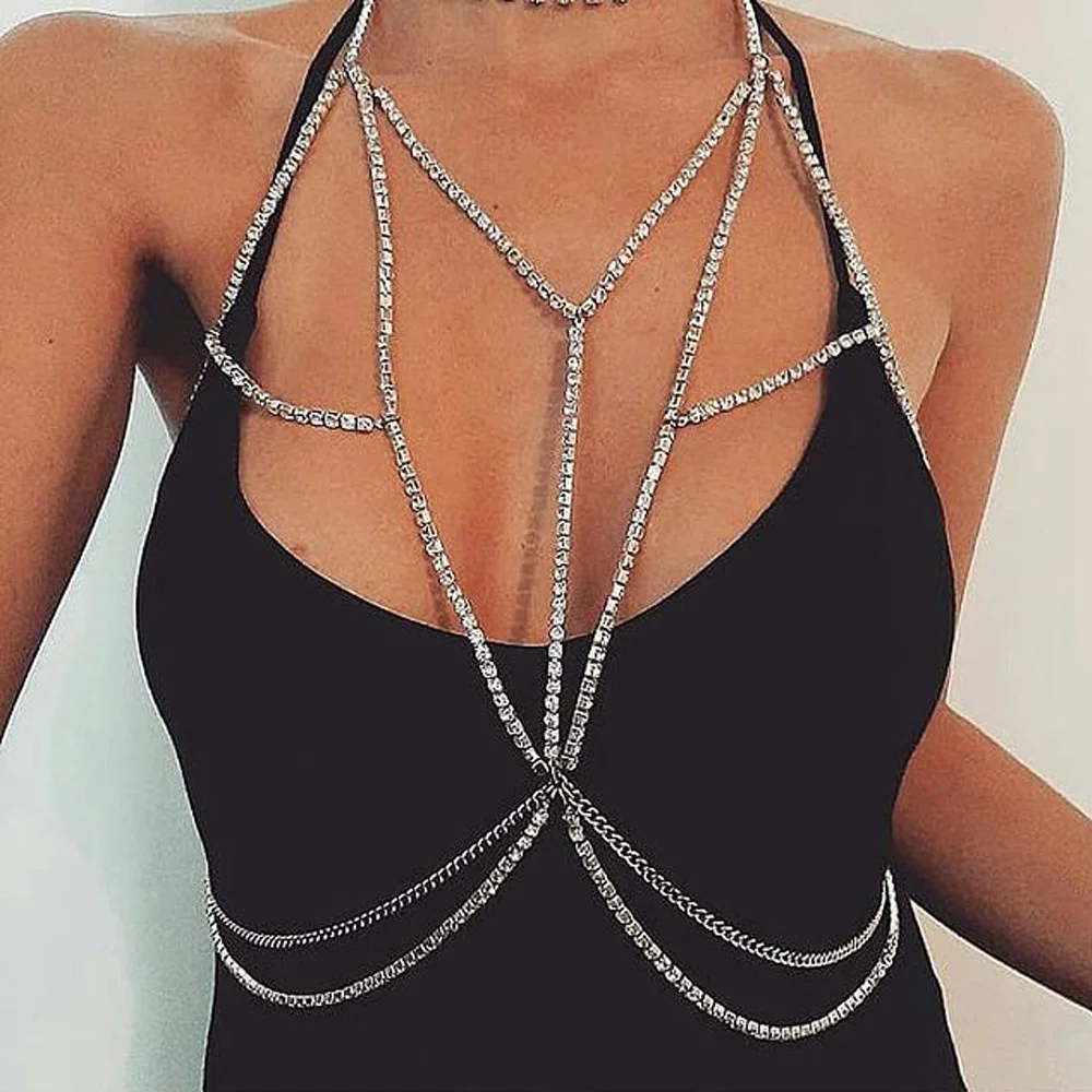 

Beach Party Multi Layer Bikini Sexy Cool Chest Bra Chains Nightclub Wedding Women Simple Cross Shiny Rhinestone Body Chains Girl