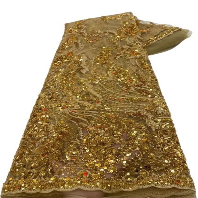

2023 White Sequence African Lace Fabric 5 Yards High Quality Gold Sequin Embroidery Nigerian Wedding Beads Sewing Lace