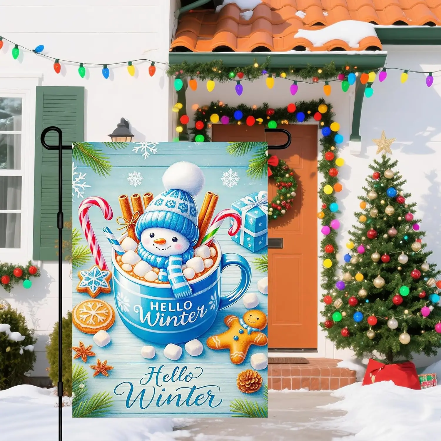 Фото Флаг для сада IVN Winter Garden 12x18 дюймов, двусторонний, с изображением снеговика и какао-конфет, для улицы, двора, входной двери, газона, веранды, патио EEZ №5