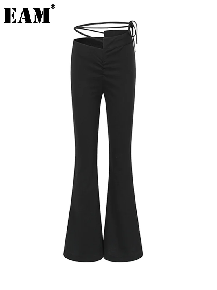 

[EAM] High Waist Irregular Sexy Drawstring Flares Trousers New Loose Fit Pants Women Fashion Tide Spring Autumn 2022 1DE7581