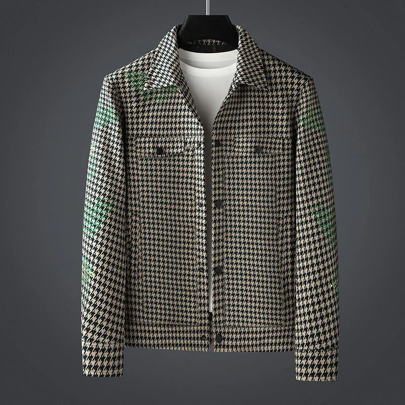 

Lapel Houndstooth Jacket High Quality Rhinestone Pattern Jacket Long Sleeve Hot Drill Jacket Coat Men Pilot Jacket Plus Size 4XL