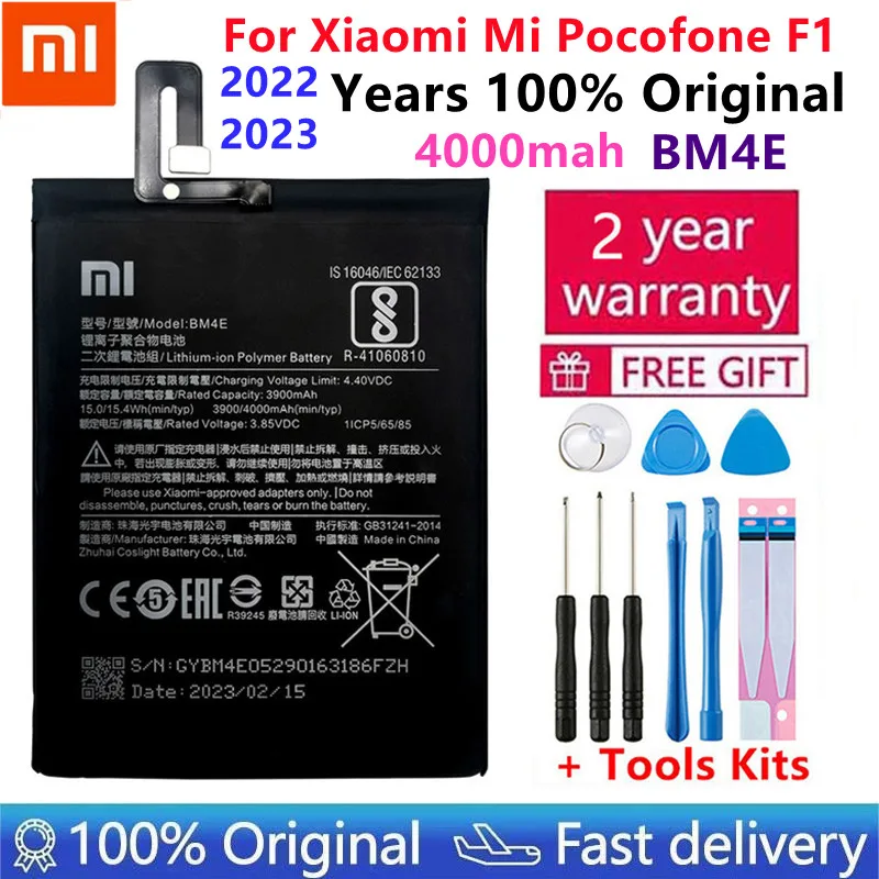 

2023 Years 100% Original Replacement Battery BM4E For Xiaomi MI Pocophone F1 Authentic Phone Battery 4000mAh+Tool Kits+Stickers