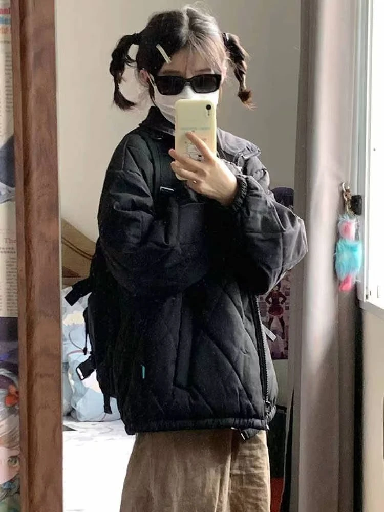 

Argyle Parkas Women Chic Streetwear Straight Long Sleeves Popular Ins All-match New Harajuku Korean Style Winter Casual College