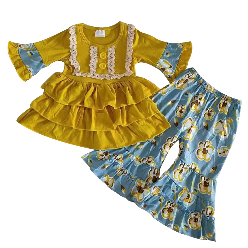 

Оптовая продажа, бутиковый Цветочный наряд, Детская желтая хлопковая туника для малышей, для маленьких девочек, детские штаны с цветочным принтом и колокольчиком, промоакционный комплект одежды
