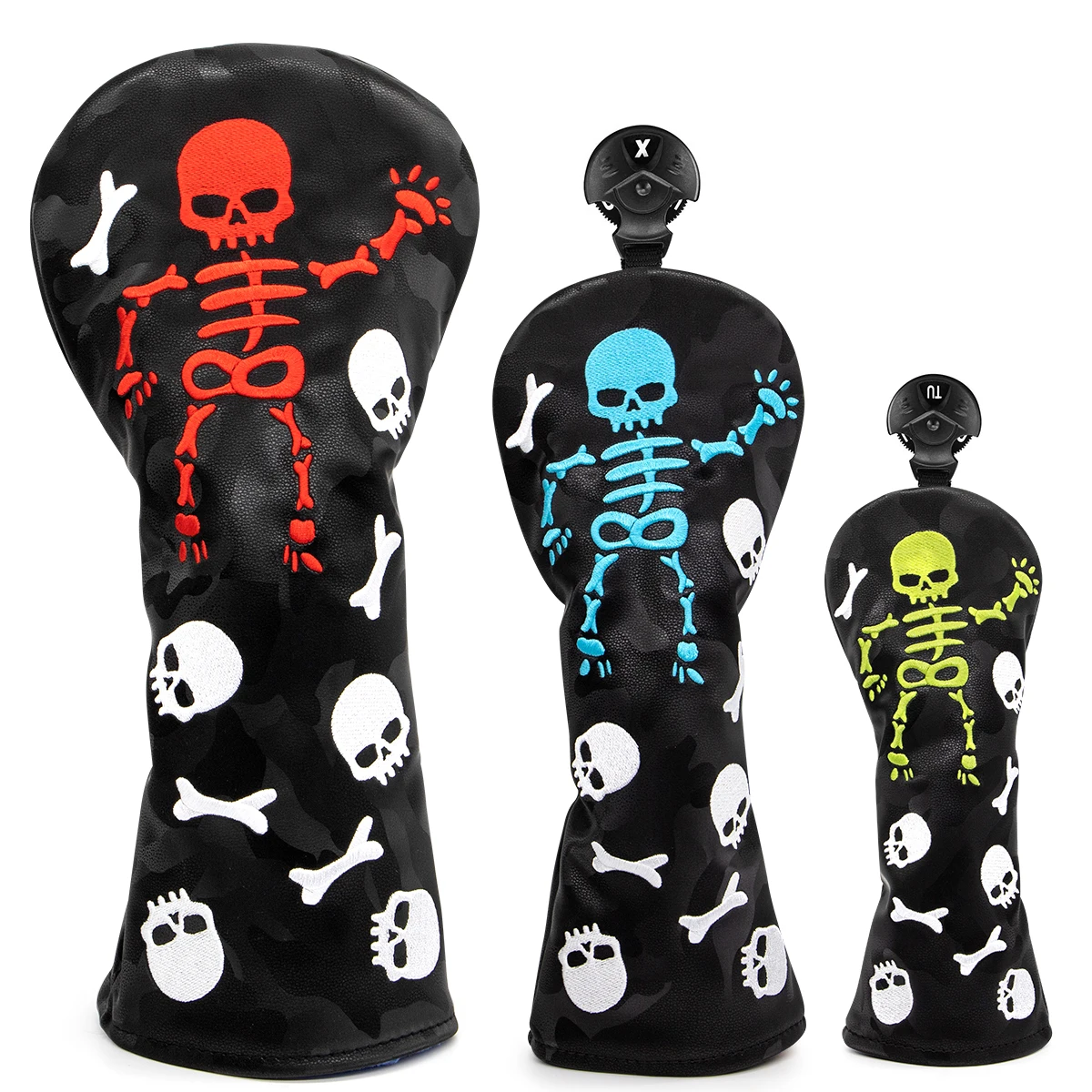 

3pcs/set Leather Golf Head Covers Set Colorful Skull Golf Club Headcovers for Driver Fairway Hybrid Wood Head covers