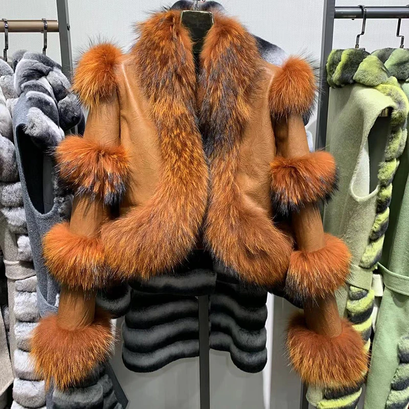 New Style Fashion Women Fluffy Real Leather Jacket With Fur Lady Sheepskin Leather Coat NZ5275