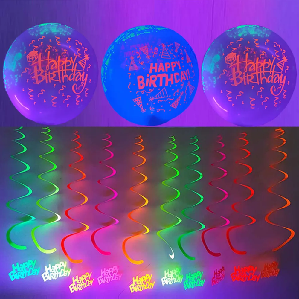 

Glow Party Supplies Latex Balloon UV Reactive Glow Happy Birthday Banner Cake Topper Swirls Neon Stars for Birthday Glow Party