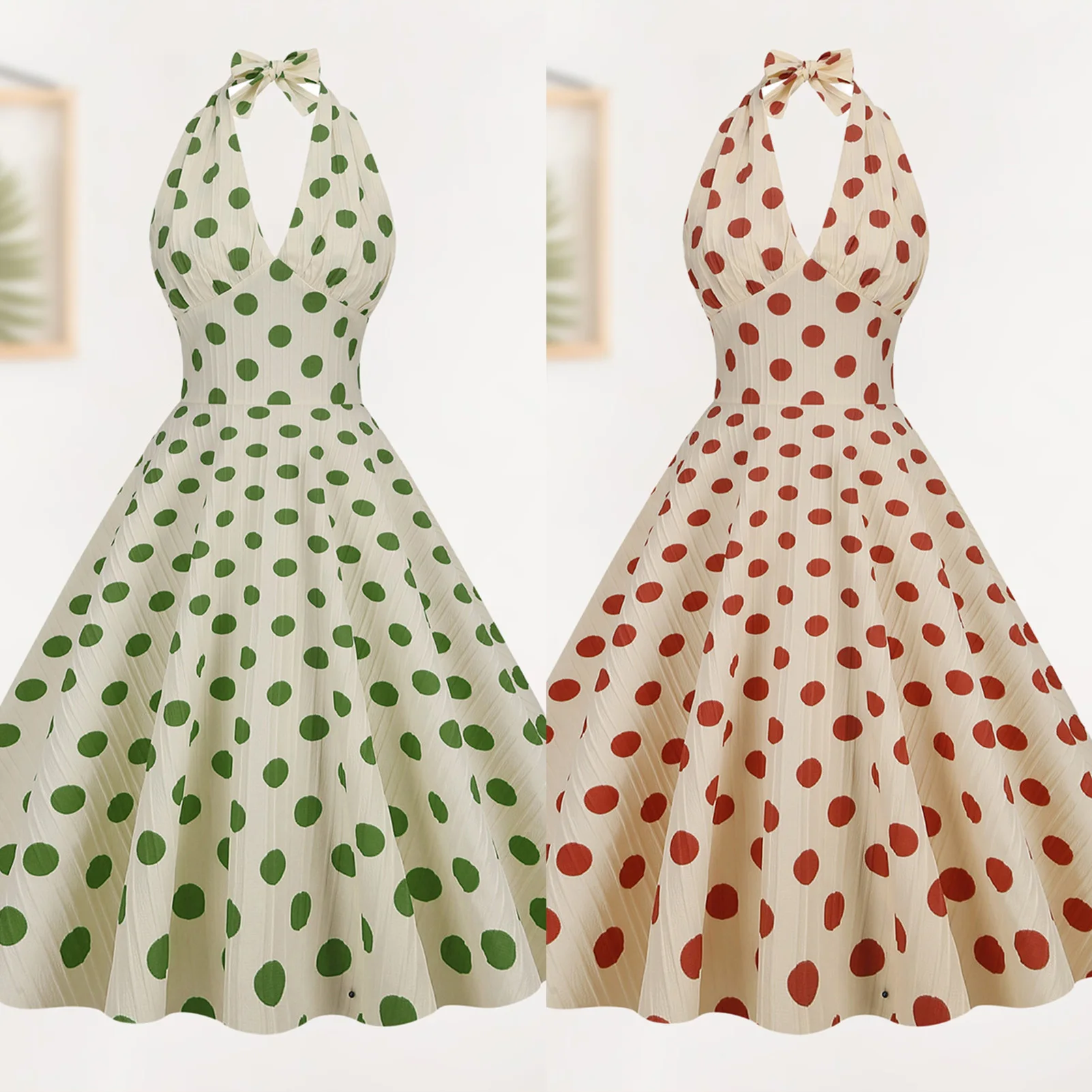 

2023 Summer Polka Dots Ruched Backless Dress Large Hem Flowy Midi Dress Casual Solid Color Chic Cocktail Party Dress