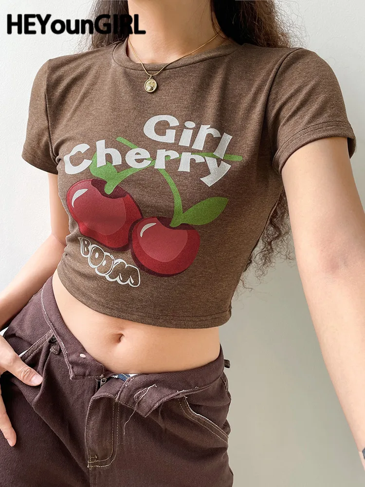 

HEYounGIRL, Винтажная летняя укороченная футболка Y2K с буквенным принтом, облегающая модная уличная Ретро Женская футболка с круглым вырезом, по...