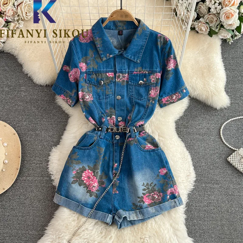 

Женский джинсовый комбинезон с цветочным принтом, с высокой талией и широкими штанинами