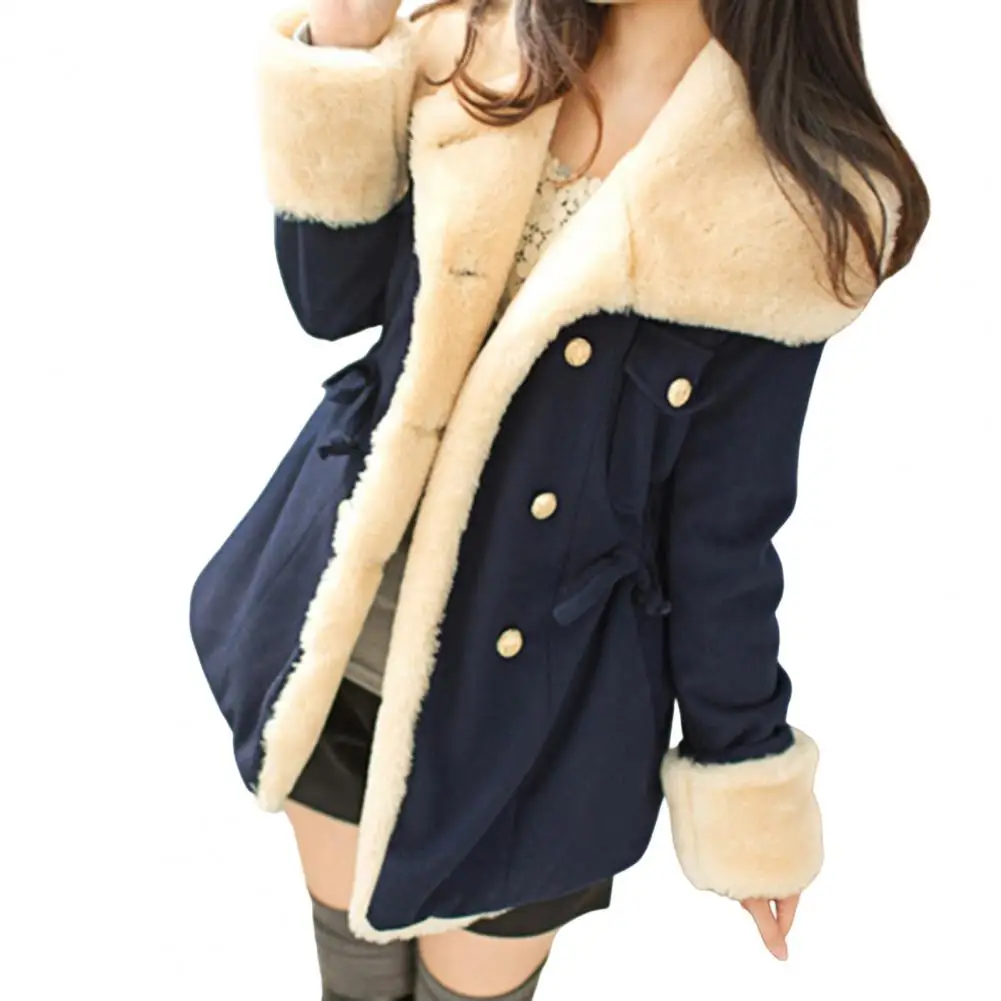 Women Winter Coat Contrast Color Lapel Long Sleeves Thick Double Breasted Keep Warm Preppy Style Cardigan Casual Lady Coat for D