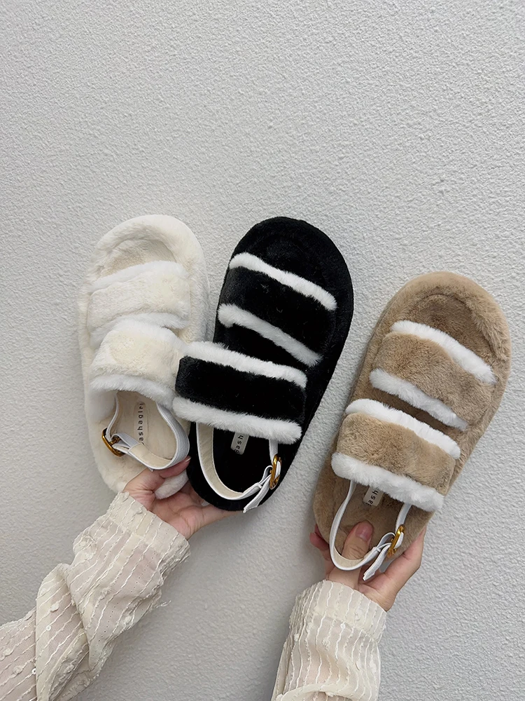 

Тапки женские плюшевые из флока, шлепанцы на платформе, роскошные дизайнерские, без каблука, резиновая базовая обувь в римском стиле, 2023