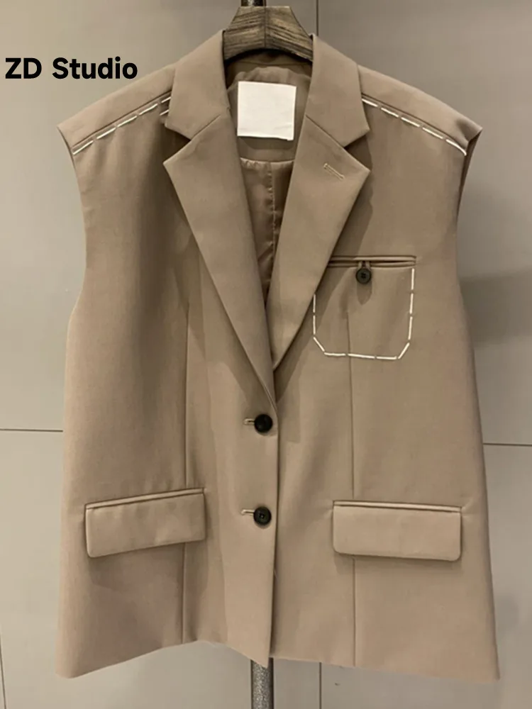

[ZD Studio] Retro Vest Coat For Women Single Breasted Sleeveless Spliced Pockets Solid Coats Female Clothes 2023 Summer New