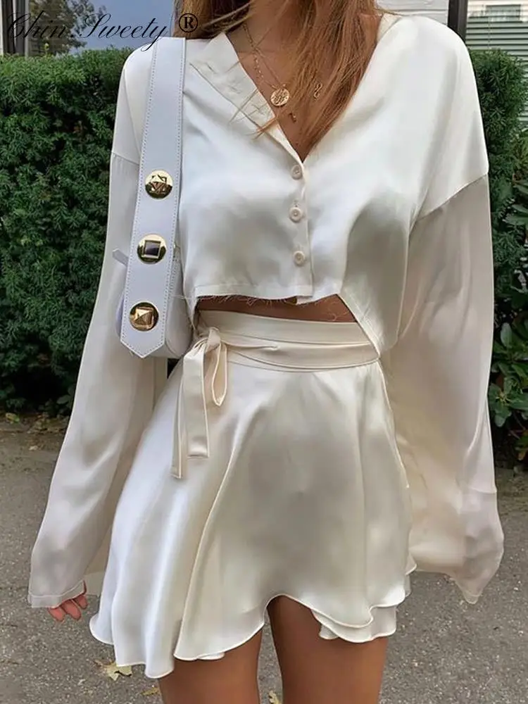 

Satin Crop Tops 2 Pieces Sets Women's Outfits Lantern Long Sleeve Cardigan Sexy Lace Up Mini Tennis Sports Skirts Summer 2022