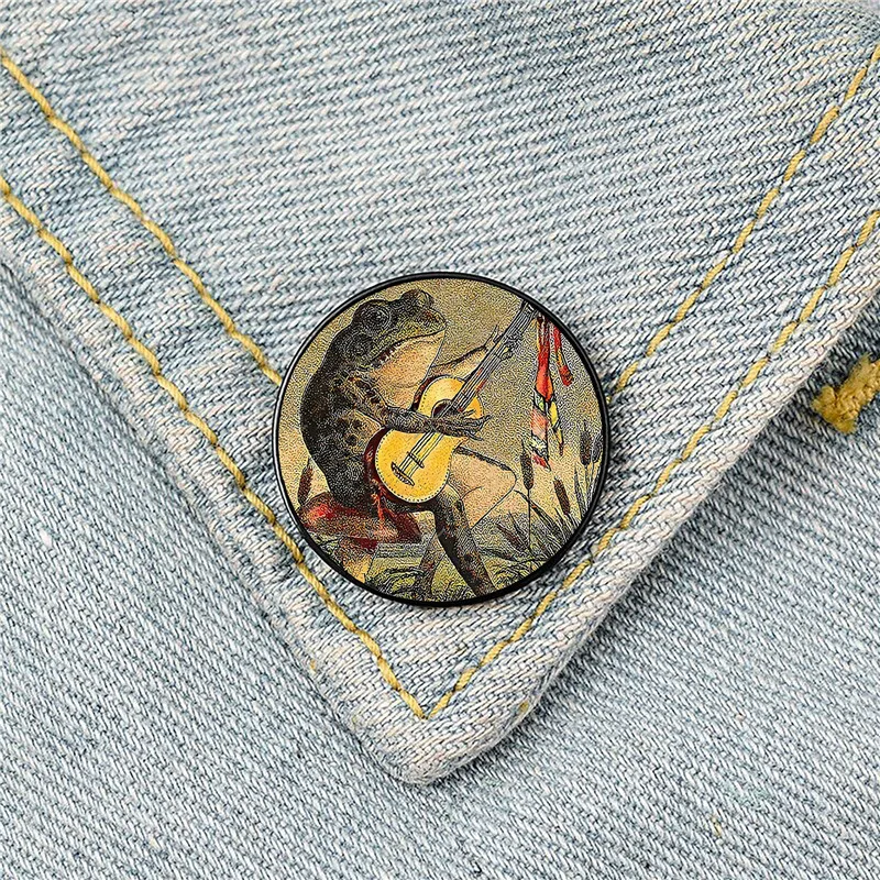 

FROG PLAYING GUITAR SITTING ON MUSHROOM Pin Custom Funny Brooches Shirt Lapel Bag Cute Badge Gift for Lover Girl Friends