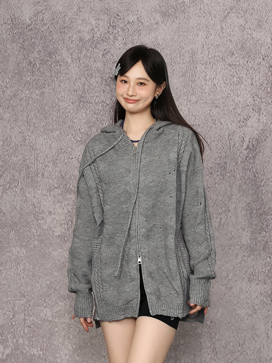 Bluelotuss Sweet универсальный свободный свитер с двойной молнией и капюшоном женский