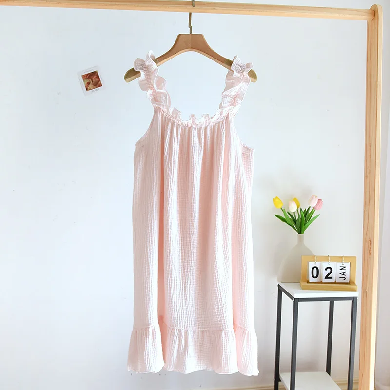 Summer Sexy Sling Nightgowns Women Suspender Nightdress Cotton Crepe Pajamas Soft Washed Crepe Over-the-knee Sleeping Camisole