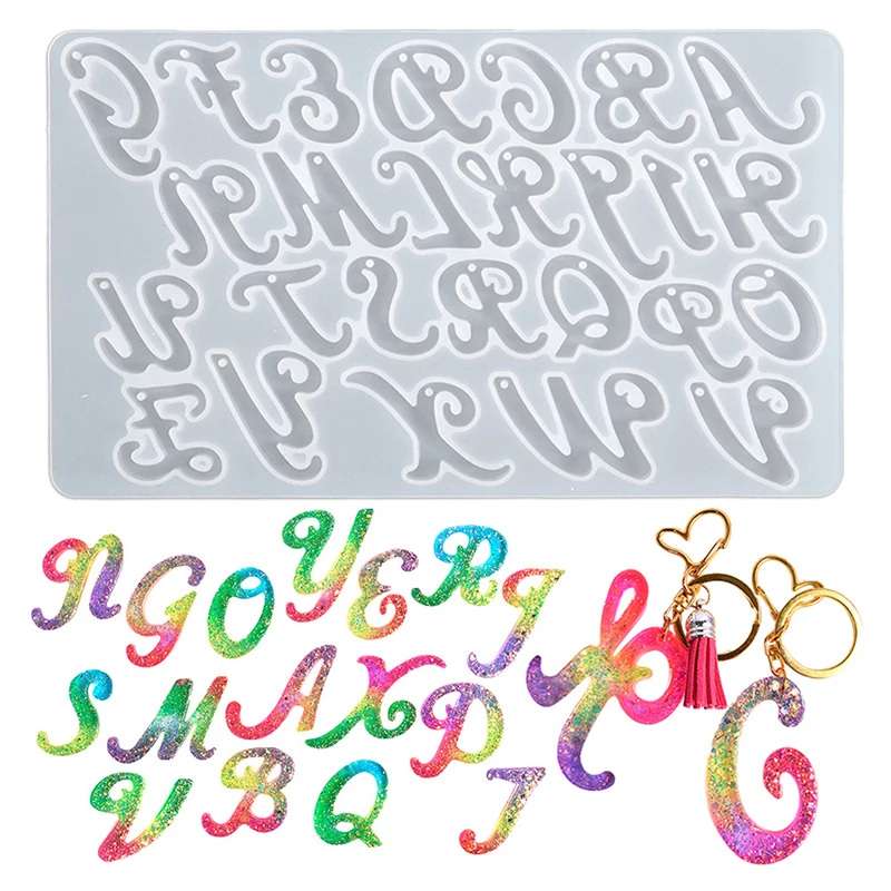 

Resin Keychain Letter Molds with Hole Diy Crystal Resin Drop Glue Alphabet English Word Pendant Keychain Resin Silicone Molds