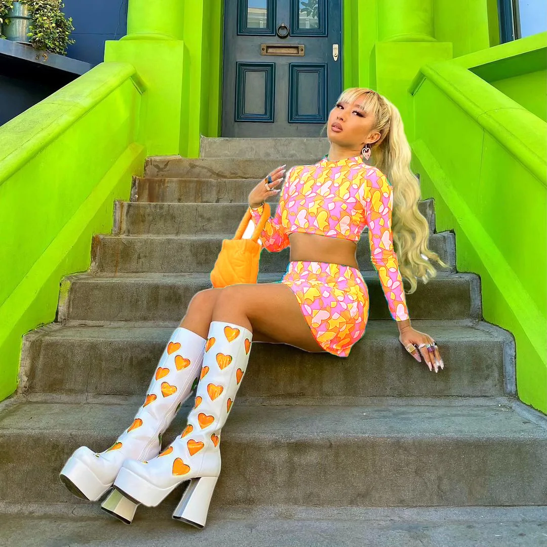 Love Heart Print Sweet Two Piece Bandage Dress Set Y2K Clothes Mock Neck Long Sleeve Crop Top and High Waist Skinny Skirt Sets