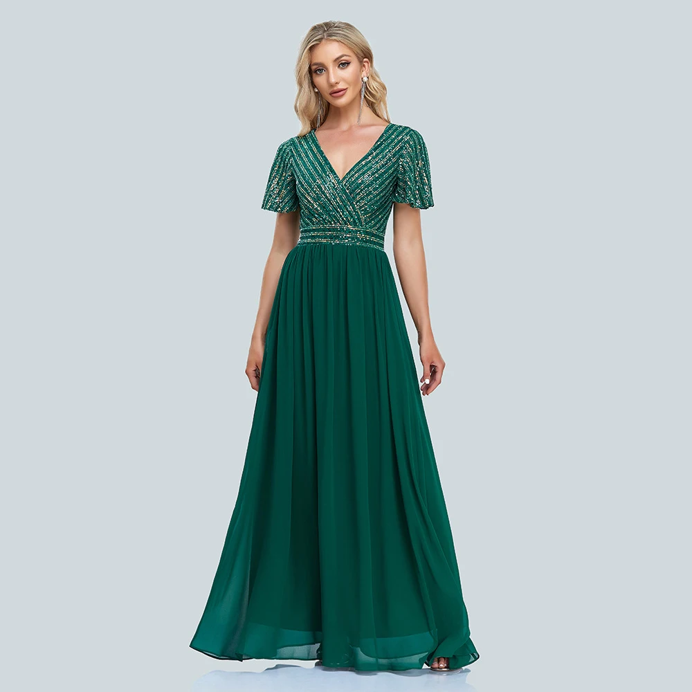 Green Chiffon Elegant Long Evening Maxi Dresses 2022 New Hit Summer Sequins Show Costumes Gala Women's Clothing Latest Fashion