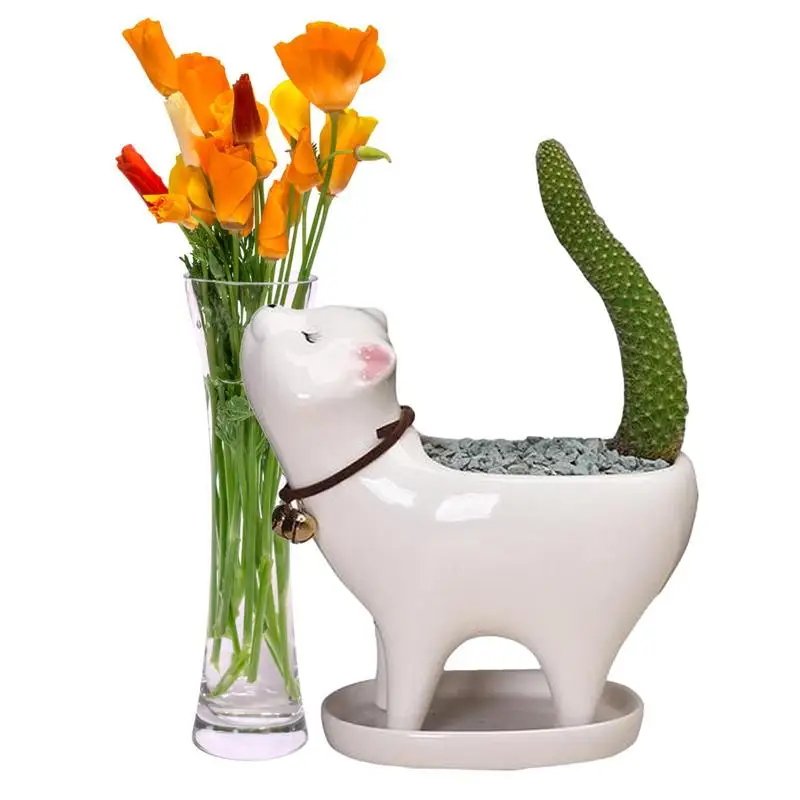 Симпатичный цветочный горшок с кошачьим хвостом, Мультяшные животные, керамическая ваза, индивидуальный кактус, суккулент, настольный садовый декор