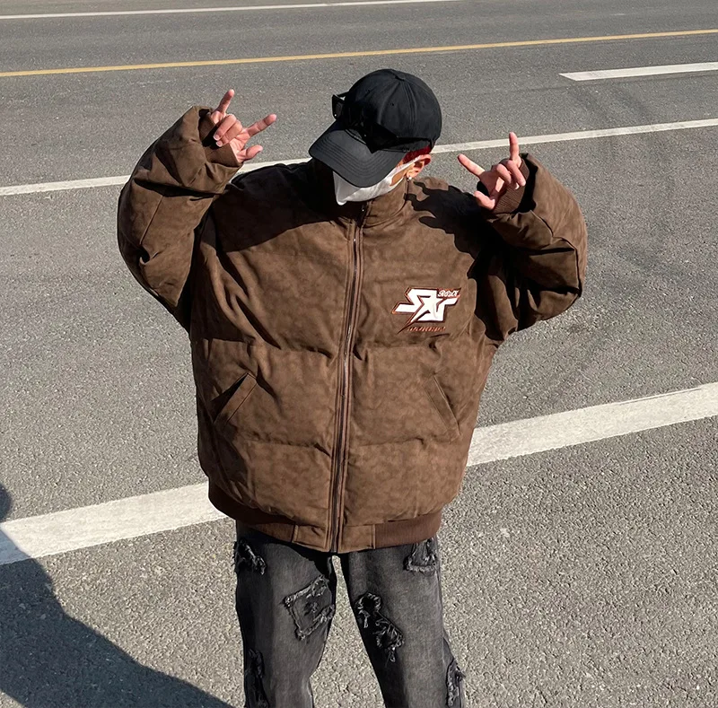 American-style Streetwear Men Parkas Washed Old Letter Embroidery Thickened Warm Down Jacket for Men and Women Couple Outfits