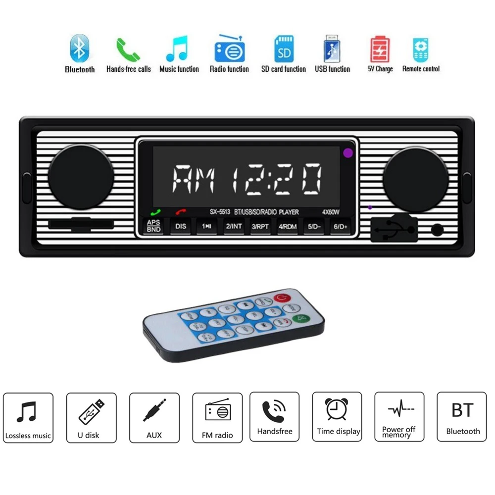

SX-5513 Bluetooth автомобильный радиоприемник, mp3-плеер, винтажный двойной FM-тюнер, стерео USB AUX, классический автомобильный аудиоприемник в стиле ретро, динамик