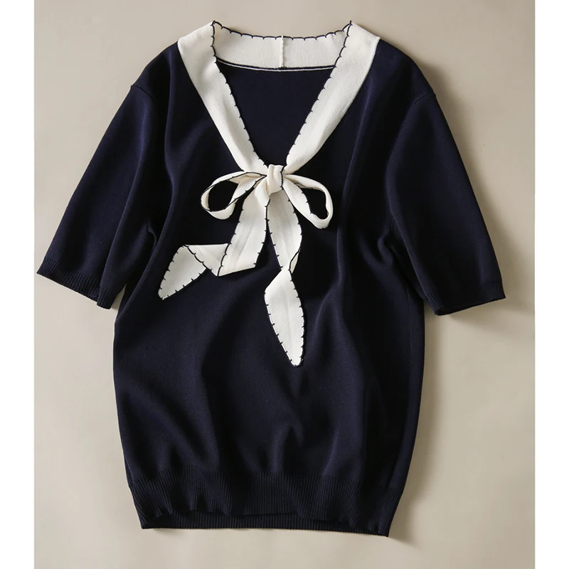 

Tshirt Women 2021 Korean Style Bow Neck Elegant T-shirts Female Summer Thin Knitted Tee Shirt Femme T-shirt Woman Clothes Tops