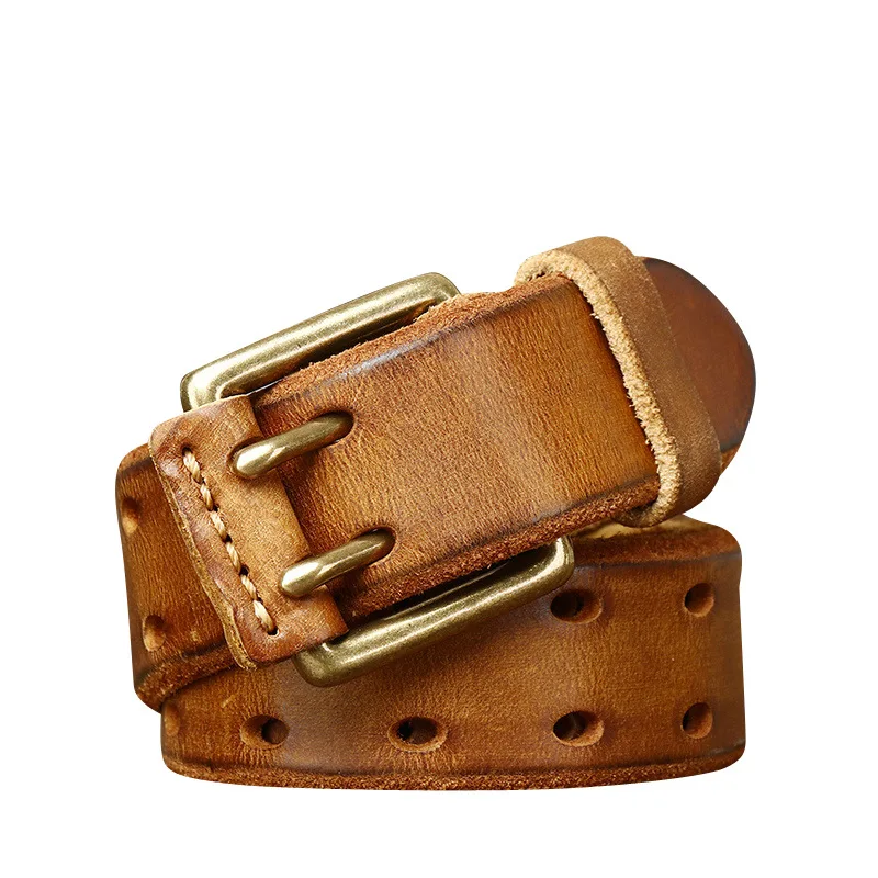 Men's Cowhide Belt Fashion Casual Business Jeans Accessories Luxury Brand Design Retro Leather Double Pin Buckle Waistband New
