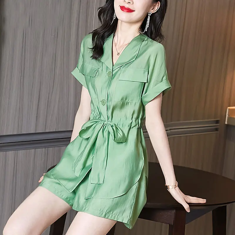 

Летний модный женский комплект одежды, рубашка с коротким рукавом, топ с эластичной талией, женский корейский Повседневный комплект из 2 пре...