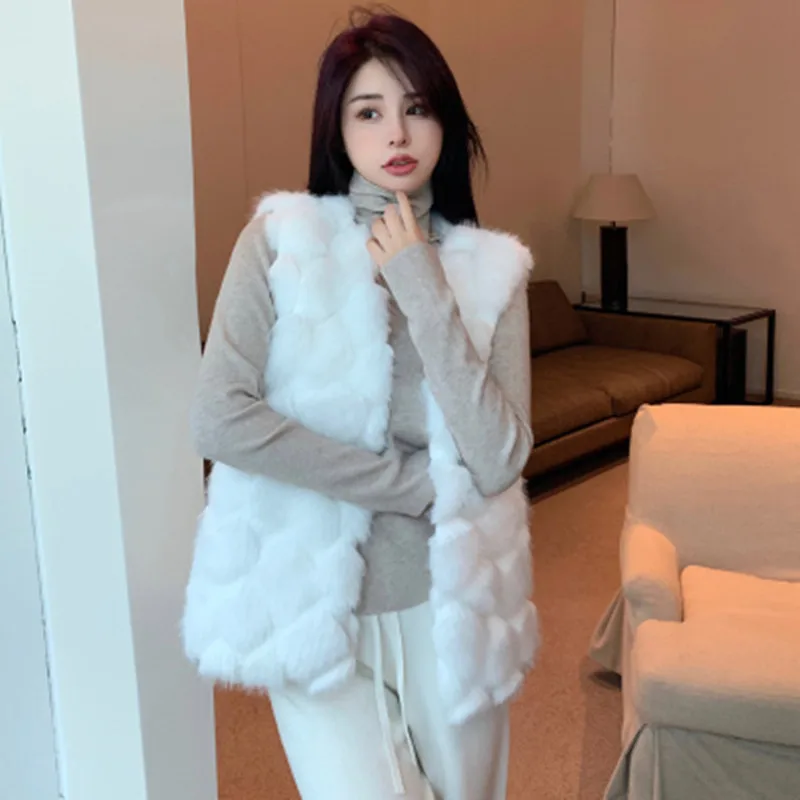 

BULOCHOVA Fall Winter Fashion Elegant Faux Fur Soft Vest Coat Women V Neck Open Stitch Thick Warm Loose Sleeveless Outwear