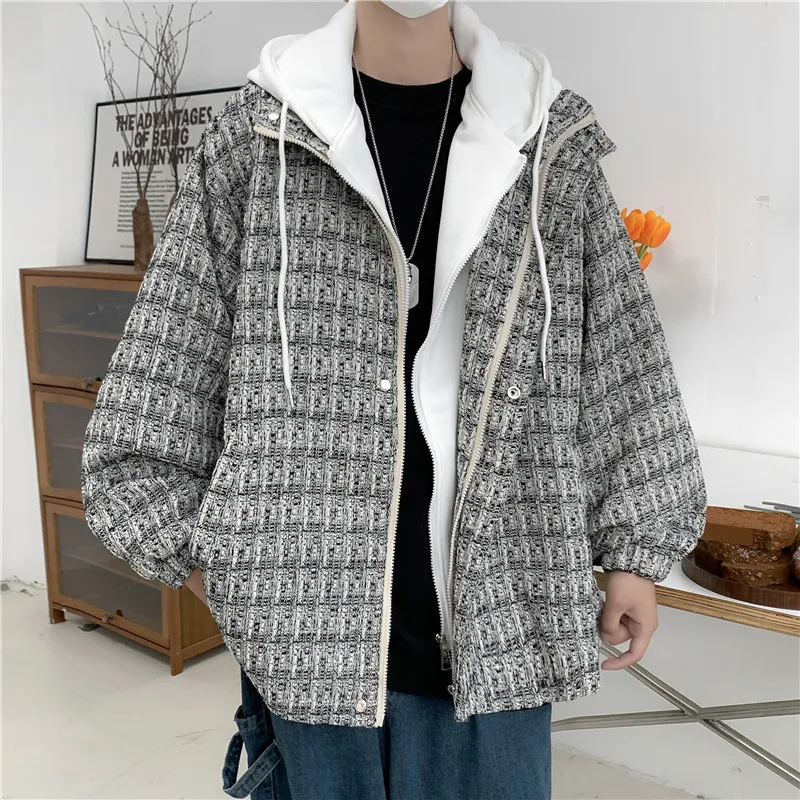 

2023 new fake two-piece jacket Men's autumn and winter versatile patchwork hooded jacket