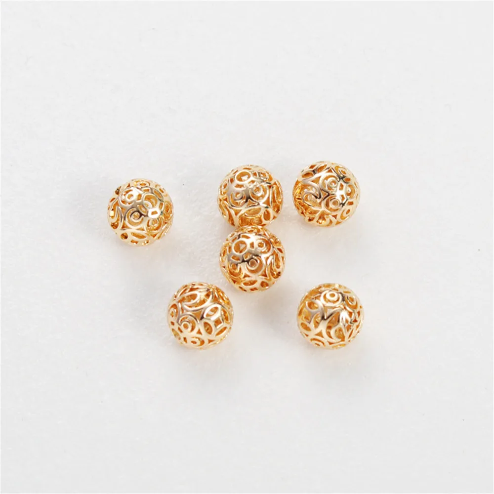 

14K gold covered DIY accessories retro 9mm flower ball hollow pattern round bead bracelet necklace loose bead jewelry