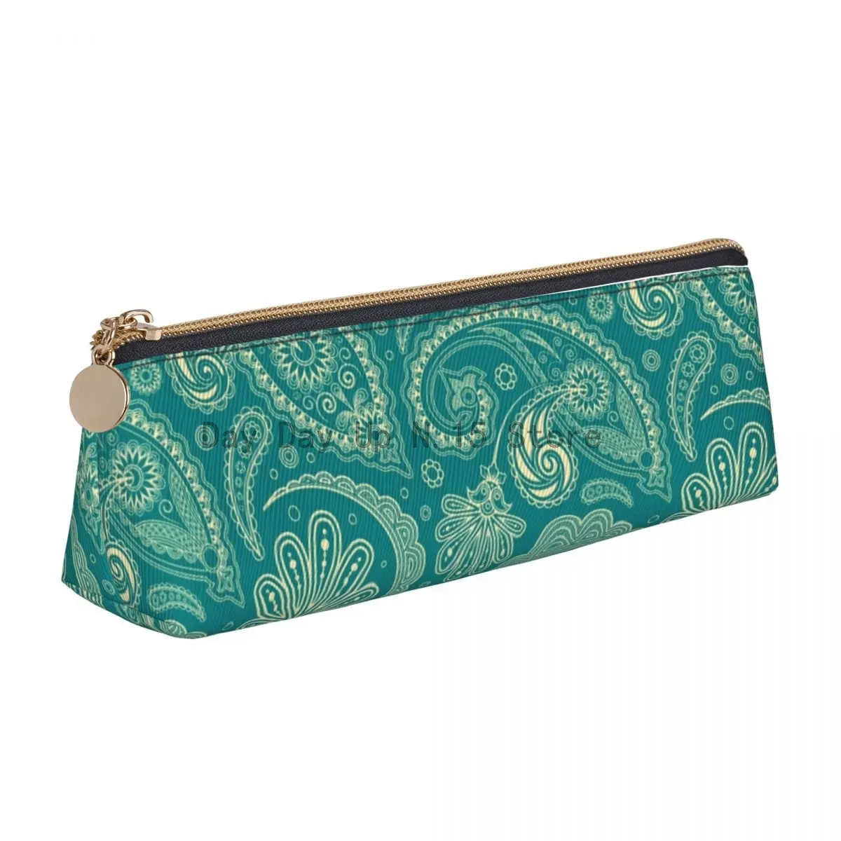 

Blue Green Paisley Triangle Pencil Case Retro Floral Print Girls Boys Elementary School Pencil Box Vintage Leather Pen Bags