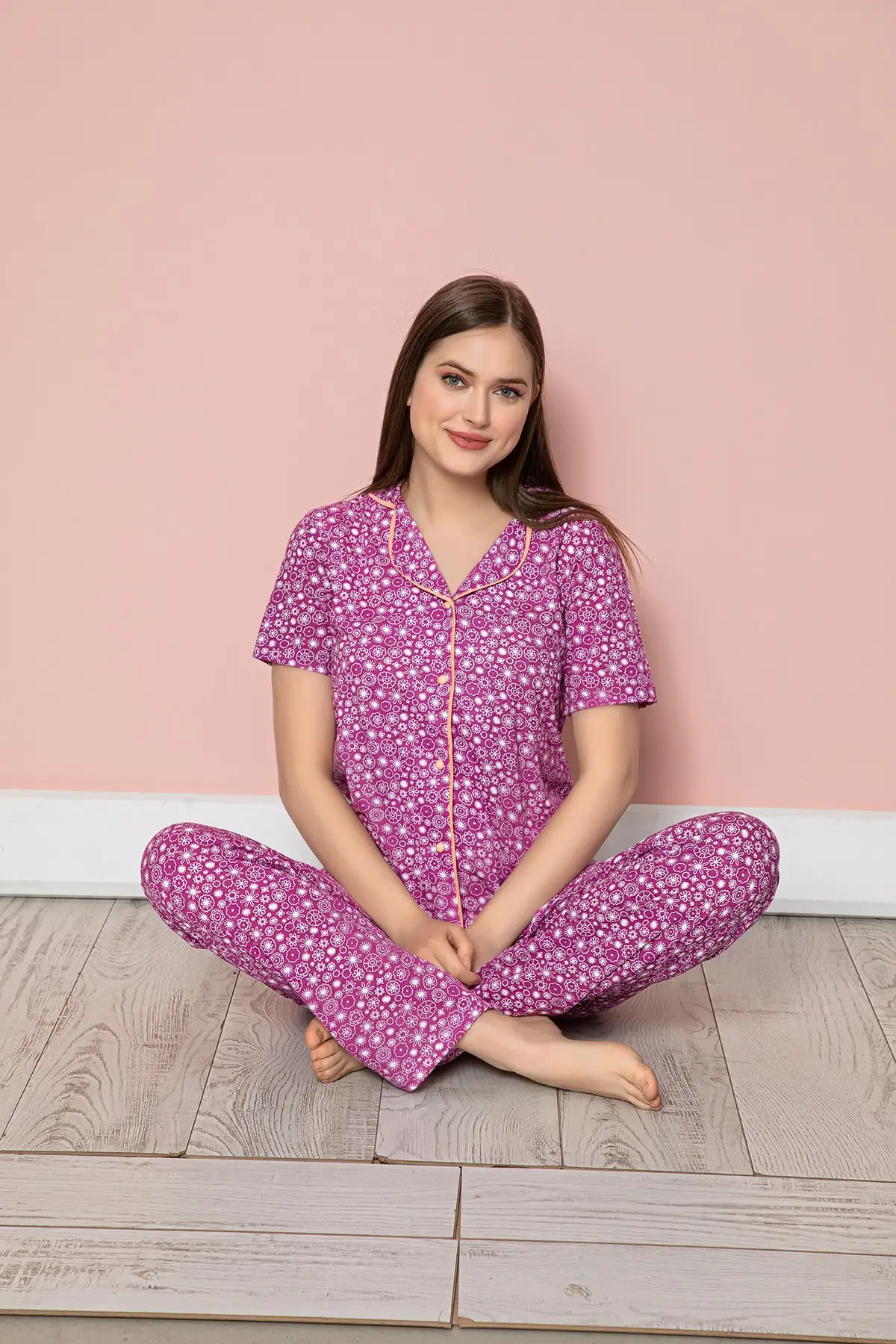 

Women's Pajamas Lilac Patterned Front Buttoned Short Sleeve Six Long Combed Knitted Fabric Summer Sleep Lounge