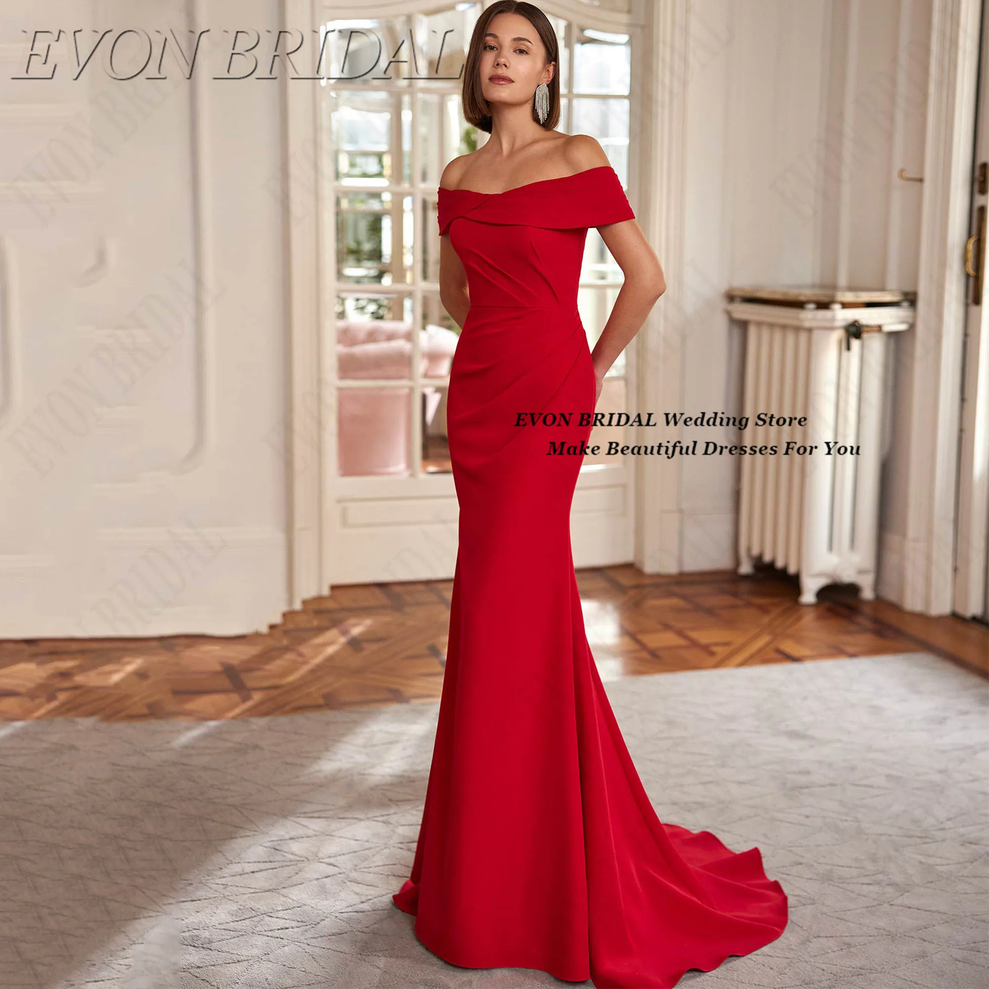 Фото EVON BRIDAL красные платья для выпускного вечера из мягкого атласа Русалка 2025 женские вечерние платья элегантное платье знаменитости с вырезом лодочкой и скользящим шлейфом №1