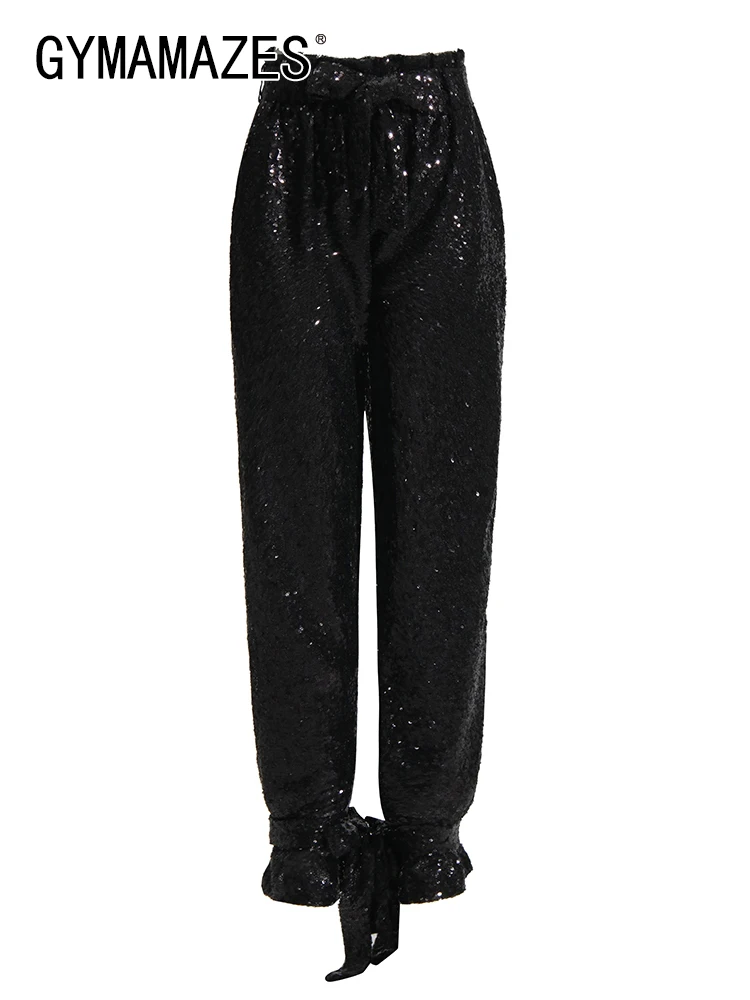 

Брюки-карандаш женские однотонные с оборками и высокой талией